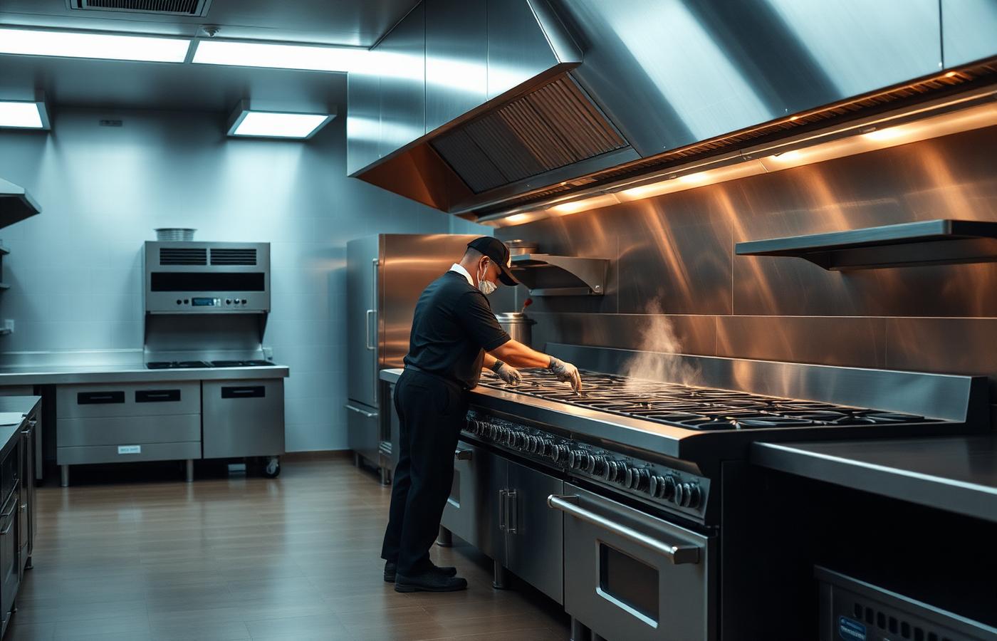 Technician servicing stainless steel commercial cooking equipment in a professional kitchen