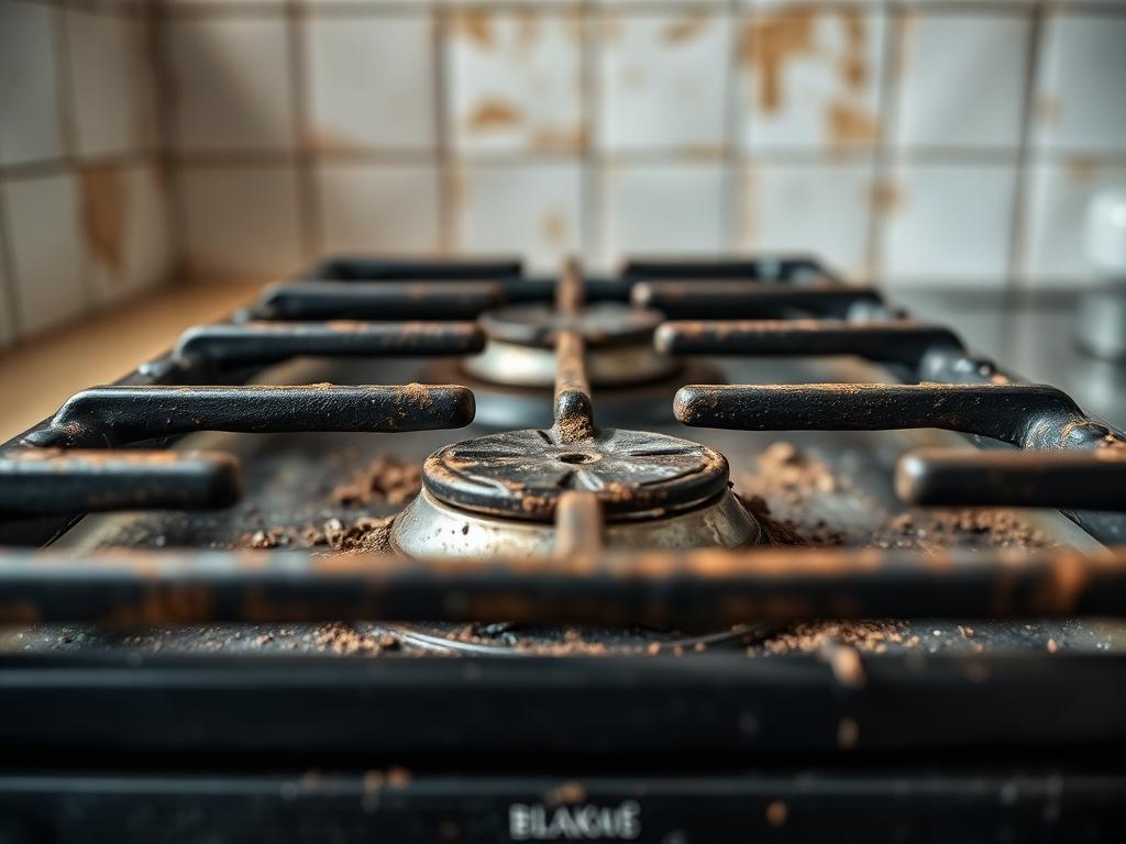 Grease and carbon build-up on commercial kitchen burners before professional deep cleaning