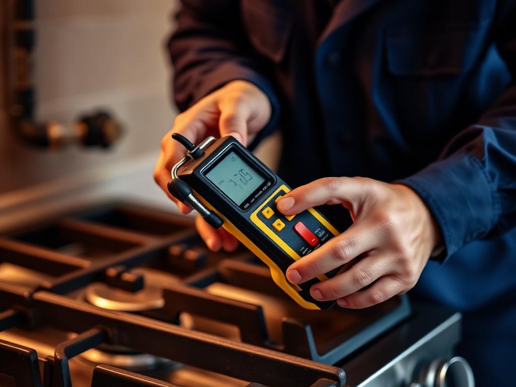 Technician using an electronic gas leak detector on commercial kitchen equipment